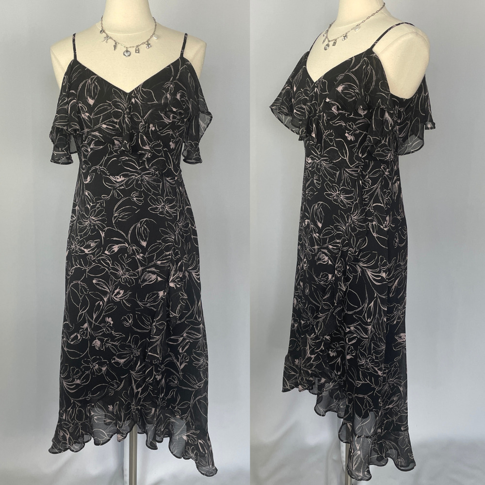 Maxi Dress Size 10 Petite 10P Black Pink Floral Chiffon Flowy Ruffle Feminine